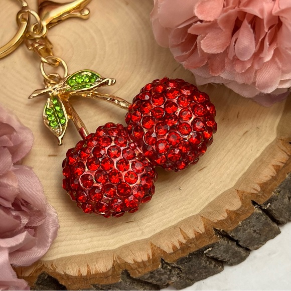 Whimsical Red Crystal Cherries Keychain Charm - Picture 7 of 13